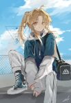  1boy adidas ahoge alternate_costume bag blonde_hair blue_sky closed_mouth clouds cloudy_sky day english_commentary high_ponytail honkai:_star_rail honkai_(series) hyde_(hai-do) instagram_logo looking_at_viewer outdoors pants parted_bangs shoes sketch sky sneakers solo twitter_logo white_pants white_sleeves yanqing_(honkai:_star_rail) yellow_eyes 