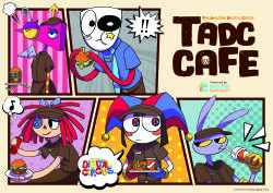  ! !! 1other 2024 2boys 3girls absurdres anime_coloring aqua_necktie artist_request asymmetrical_eyes asymmetrical_gloves belt belt_buckle black_eyes black_sclera blue_eyes blue_hair blue_shirt blue_sleeves blush_stickers bottle brown_belt brown_collar brown_footwear brown_hair brown_hat brown_pants brown_skirt brown_sleeves bubble_(the_amazing_digital_circus) buckle burger button_eyes buttons center-flap_bangs cheese closed_mouth collar collared_shirt color_issue colored_sclera colored_skin copyright_name cowboy_shot cup dated disposable_cup dress_shirt drinking_straw eating eighth_note emphasis_lines employee_uniform english_text eyelashes fast_food fast_food_uniform food french_fries frown gangle_(the_amazing_digital_circus) gloves hat hat_bell highres holding holding_bottle holding_plate holding_tray jax_(the_amazing_digital_circus) jester jester_cap jester_costume ketchup_bottle large_ears lettuce logo looking_at_viewer looking_to_the_side lowered_eyelids manager mask mismatched_gloves multiple_boys multiple_girls musical_note name_tag necktie official_art paneled_background pants plate pomni_(the_amazing_digital_circus) pop_art promotional_art purple_fur purple_wings rabbit rabbit_boy ragatha_(the_amazing_digital_circus) red_eyes redhead second-party_source sharp_teeth shirt simple_background single_wing skirt speech_bubble star_on_cheek striped_clothes striped_headwear striped_skin teeth the_amazing_digital_circus theatre_mask thought_bubble toon_(style) tray triangle_nose two-tone_hat visor_cap white_eyes white_mask white_skin wing_collar wings yellow_background yellow_sclera zooble_(the_amazing_digital_circus) 