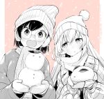 2girls artist_name beanie breath chiyo_kozuka coat dated earmuffs glasses gloves hat holding ichido_dake_demo_koukai_shitemasu mittens miyahara_miyako multiple_girls partially_colored ritsuka_hara scarf snowing snowman