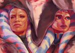  2girls ahsoka_tano alien artist_name blue_eyes brown_hood colored_skin dual_persona highres looking_to_the_side multiple_girls orange_skin portrait star_wars star_wars:_ahsoka star_wars:_the_clone_wars togruta uzuri_art watermark 