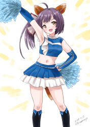  1girl ahoge alternate_costume animal_ears belt black_footwear black_hair blue_shirt blue_skirt bridal_gauntlets cheerleader crop_top cut_bangs fake_animal_ears fake_tail feet_out_of_frame fox_ears fox_tail fujinami_(kancolle) hair_ribbon hokkaido_nippon-ham_fighters holding holding_pom_poms kantai_collection kitagawa_mikio layered_skirt long_hair midriff one-hour_drawing_challenge pleated_skirt pom_pom_(cheerleading) ribbon shirt side_ponytail skirt sleeveless sleeveless_shirt smile solo tail white_background white_belt yellow_eyes 