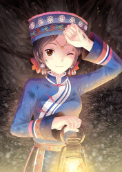  1girl apron black_hair blue_hat blue_shirt button_knot china_comic chinese_clothes chinese_knot dirty dirty_clothes dirty_face earrings hat highres jewelry lantern long_sleeves looking_at_viewer mulao_clothes original pankou shirt smile soot waist_apron yellow_eyes 