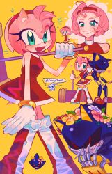  1boy 1girl ? absurdres amy_rose animal_ears animal_nose aqua_eyes armor bare_shoulders black_sclera blue_armor bolt_(hardware) boots bow bracelet colored_sclera commentary covered_collarbone dress eyelashes fake_animal_ears fake_claws fang flower full_body furry furry_female gloves gold_bracelet hairband hammer hand_up heart hedgehog_girl highres holding holding_hammer humanization humanoid_robot jewelry leaf looking_at_another looking_at_viewer mechanical_arms mechanical_legs metal_sonic notice_lines open_mouth pink_bow pink_flower pink_fur pink_hair pointy_nose purple_flower red_dress red_eyes red_flower red_footwear red_hairband robot short_hair short_tail simple_background sleeveless sleeveless_dress smile sonic_(series) standing symbol-only_commentary tail teeth toy_hammer twitter_username upper_body usheriiu white_gloves yellow_background yellow_flower 