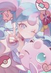  1girl :t absurdres aqua_eyes blue_eyes blue_hair blush cardigan choker chromatic_aberration clefairy collarbone commentary_request curly_hair dot_mouth fairy_miku_(project_voltage) fingernails flower hair_flower hair_ornament hatsune_miku heart heart_choker highres jigglypuff light_blue_hair long_fingernails long_hair long_sleeves looking_at_viewer multicolored_eyes multicolored_hair neckerchief one_eye_closed pink_background pink_cardigan pink_eyes pink_hair pink_nails poke_ball poke_ball_(basic) pokemon pokemon_(creature) pokewalker project_voltage simple_background srnps twintails two-tone_eyes two-tone_hair v vocaloid white_choker white_neckerchief 
