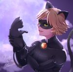  1boy adrien_agreste animal animal_ears bell black_bodysuit black_fur blonde_hair bodysuit carrying cat cat_boy cat_ears chat_noir green_eyes male_focus mask miraculous_ladybug open_mouth smile superhero teeth tomm0515 tongue twintails upper_teeth_only 