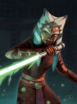  1girl absurdres ahsoka_tano alien artist_logo belt blue_eyes colored_skin energy_sword fingerless_gloves gloves green_lightsaber highres holding_lightsaber jedi lightsaber lmakoova looking_to_the_side orange_skin reverse_grip solo star_wars sword togruta vambraces watermark weapon 