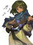  1girl 9twoeight absurdres blush dangle_earrings earrings freckles green_eyes green_hair highres holding holding_instrument instrument jewelry long_hair long_sleeves looking_at_viewer mabinogi music musical_note original playing_instrument short_hair simple_background smile solo white_background 