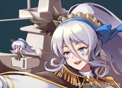  1girl 2girls blue_eyes blue_ribbon buxiuhongxingshe_jintiantuopinlema chibi epaulettes facial_tattoo hair_between_eyes hair_ribbon hairband long_hair military military_uniform mini_person minigirl multiple_girls open_mouth ponytail ribbon smile tattoo warship_girls_r washington_(warship_girls_r) weibo_logo weibo_watermark white_hair 