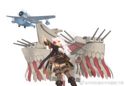  1girl aircraft airplane animal_ears belt black_coat black_footwear black_skirt boots breasts brown_thighhighs buxiuhongxingshe_jintiantuopinlema cannon coat dyed_bangs eyepatch full_body long_hair long_sleeves looking_at_viewer machinery military military_vehicle miniskirt multicolored_hair north_carolina_(warship_girls_r) open_clothes open_coat pleated_skirt pointing pouch red_eyes rigging shirt simple_background skirt solo standing thigh-highs thigh_strap turret warship_girls_r weapon weibo_logo weibo_watermark white_background white_hair white_shirt zettai_ryouiki 