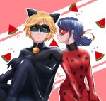  1boy 1girl adrien_agreste animal_ears black_bodysuit black_gloves black_mask blonde_hair blue_eyes blue_hair bodysuit cat_ears chat_noir closed_mouth domino_mask food fruit gloves green_eyes ladybug_(character) long_hair long_sleeves marinette_dupain-cheng mask miraculous_ladybug polka_dot short_hair smile tomm0515 twintails watermelon 