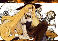  1girl ascot blonde_hair brooch brown_hat brown_pants brown_vest cookie_run cookie_run:_ovenbreak eyepatch gears hat highres jewelry juliet_sleeves long_sleeves open_mouth pants puffy_sleeves roier scissors shirt sitting sitting_on_weapon smile solo timekeeper_cookie top_hat vest white_ascot white_shirt yellow_eyes yellow_gemstone 