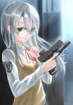  1girl absurdres breasts collared_shirt commentary_request eyes_visible_through_hair glasses glock glock_17 green_eyes grey_hair gun hair_over_one_eye handgun highres hiiragi_senri holding holding_gun holding_weapon long_hair long_sleeves looking_at_viewer neck_ribbon original parted_lips red_ribbon ribbon round_eyewear shirt small_breasts solo sweater_vest weapon weapon_request white_shirt 
