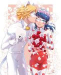  1boy 1girl adrien_agreste animal_ears bell black_bodysuit blonde_hair blue_eyes blue_hair bodysuit cat_boy cat_ears chat_noir domino_mask flower gloves hair_flower hair_ornament holding holding_flower ladybug_(character) long_hair long_sleeves marinette_dupain-cheng mask miraculous_ladybug multicolored_bodysuit multicolored_clothes one_eye_closed pale_skin polka_dot rose smile tomm0515 twintails white_gloves white_mask 