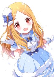  1girl blonde_hair blue_bow blue_bowtie blue_dress blue_ribbon blush bow bowtie breasts buchi_(y0u0ri_) dot_nose dress frilled_dress frills fur-trimmed_dress fur-trimmed_gloves fur_trim gloves hair_bow hair_ribbon hand_up highres idolmaster idolmaster_cinderella_girls idolmaster_cinderella_girls_starlight_stage layered_dress long_hair looking_at_viewer mochizuki_hijiri open_hand open_mouth parted_bangs red_eyes ribbon short_sleeves simple_background small_breasts smile snowing solo waist_bow white_background white_gloves 
