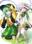  2girls :o ;d absurdres black_headwear bloomers blouse blurry blush bow bright_pupils cape commentary cross-shaped_pupils crossover depth_of_field dress eyeball finger_frame floral_print frilled_shirt_collar frilled_sleeves frills genshin_impact gradient_hair green_cape green_eyes green_hair green_skirt hair_between_eyes hair_ornament hat hat_bow hat_ribbon heart heart_hair_ornament heart_of_string highres kneeling knees_apart_feet_together komeiji_koishi kotoritakanasi leaf_hair_ornament long_sleeves looking_at_viewer multicolored_hair multiple_girls nahida_(genshin_impact) on_grass one_eye_closed open_mouth pointy_ears ribbon rose_print shirt shoes short_hair side_ponytail skirt sleeveless sleeveless_dress smile standing stirrup_footwear symbol-shaped_pupils third_eye toeless_footwear touhou two-tone_hair underwear white_bloomers white_dress white_hair wide_sleeves yellow_bow yellow_ribbon yellow_shirt 