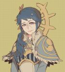  armor blue_hair cross_scar facing_viewer fire_emblem highres japanese_armor japanese_clothes long_hair looking_at_viewer masterpidies reina_(fire_emblem) scar scar_on_face side_ponytail upper_body violet_eyes yellow_background 