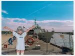  1girl arms_up black_choker blue_sky blush choker clouds dated_commentary day dddd_akagi double_v grey_eyes grey_hair harbor highres japan_coast_guard long_shirt original outdoors parted_lips photo_background ship shirt short_sleeves sky smile solo t-shirt v water watercraft 