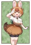  1girl animal_ears brown_eyes brown_hair dhole_(kemono_friends) drias extra_ears gloves green_background hat highres kemono_friends kemono_friends_3 leggings looking_at_viewer multicolored_hair open_mouth shirt short_hair simple_background skirt smile solo tail two-tone_hair white_hair 