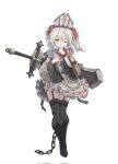  1girl black_thighhighs dress frilled_dress frills grey_hair hair_ornament henzer highres huge_weapon one_eye_closed original red_eyes stuffed_toy thigh-highs weapon white_background 