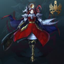 1girl armor arthropod_girl axe battle_axe belt belt_buckle black_sclera blue_cape boots buckle cape colored_sclera commentary crab_claw crab_girl cyborg eidenjyou1997 english_commentary genderswap genderswap_(mtf) gold_belt gold_footwear helmet highres holding holding_axe holding_weapon kaijin kamen_rider kamen_rider_v3_(series) kani_laser logo multicolored_cape multicolored_clothes pale_skin red_cape redhead solo weapon zoom_layer