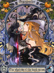  1girl animal animal_ears arknights ascot bare_shoulders bird black_ascot black_gloves black_hat black_horns blonde_hair book character_name closed_mouth collared_shirt commentary_request copyright_name crescent_moon curled_horns dated degenbrecher_(arknights) degenbrecher_(the_shadow_of_the_dark_moon)_(arknights) english_text flower ghost gloves halloween hat hexagram highres holding holding_sword holding_weapon horns horns_through_headwear leaf light_particles light_smile long_hair long_sleeves looking_at_viewer moon mxd_taolifly official_alternate_costume open_book paper partial_commentary profile pumpkin shirt sleeveless sleeveless_shirt solo sparkle staff_(music) star_of_david swan sword tiger two-sided_fabric two-sided_headwear upper_body weapon white_hat white_shirt white_tiger witch yellow_eyes yellow_flower 
