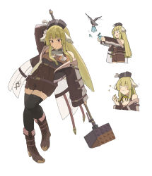  1girl ^_^ animal arknights bare_shoulders belt bird black_bird black_hat black_thighhighs boots brown_belt brown_coat brown_footwear brown_shirt brown_shorts chewing closed_eyes closed_mouth coat commentary cross-laced_footwear crow eating elysiium english_commentary failure food green_hair hammer hat highres holding holding_behind_back holding_food holding_hammer holding_weapon knee_boots lace-up_boots light_blush long_hair long_sleeves looking_ahead looking_at_object looking_at_viewer motion_lines multiple_views off_shoulder outstretched_arms pink_eyes poncirus_(arknights) shirt shorts simple_background sledgehammer sleeveless sleeveless_shirt smile sparkle sweatdrop thigh-highs weapon weapon_behind_back white_background 