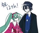  1boy 1girl akutoku_no_judgement_(vocaloid) anniversary aqua_eyes aqua_hair ascot bags_under_eyes black_robe blazer blue_ascot blue_eyes blue_hair blue_jacket bow collared_dress collared_shirt colored_skin dress dress_bow dress_ribbon evillious_nendaiki father_and_daughter frilled_dress frilled_hairband frills gallerian_marlon hair_between_eyes hairband hatsune_miku height_difference highres jacket judge kaito_(vocaloid) lolita_hairband long_hair long_sleeves looking_at_viewer messy_hair michelle_marlon open_clothes open_robe pink_bow pink_dress pink_ribbon ratchetlovelove ribbon robe shirt short_hair sideways_glance sketch smile twintails very_long_hair victorian vocaloid white_shirt white_skin 