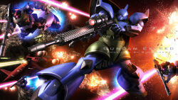  3d asteroid axis_(gundam) battle bazooka_(gundam) beam_cannon beam_rifle debris energy_beam energy_gun english_text explosion firing gelgoog glowing glowing_eye gundam gundam_0083 gwazine highres mecha mecha_focus mobile_suit no_humans realistic rick_dom robot roundel s.hasegawa science_fiction scope signature space spacecraft thrusters turret weapon zeon zero_gravity 