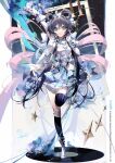  absurdres birthday black_hair bouquet chinese_hairpin flower gloves green_eyes highres jewelry looking_at_viewer low_twintails luo_tianyi microphone picture_frame ribbon rose skirt smile standing standing_on_one_leg taiz22 thigh-highs twintails vocaloid 