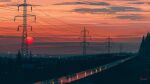  aenamiart artist_name building city clouds commentary english_commentary gradient_sky highres lamppost landscape light orange_sky original outdoors power_lines red_sun reflection reflective_water river scenery sky sun sunset transmission_tower tree vanishing_point 