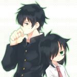  1boy 1girl black_hair black_jacket closed_mouth collared_shirt gakuran green_eyes green_outline jacket kuroki_tomoki kuroki_tomoko long_hair long_sleeves looking_at_viewer necktie outline pink_necktie ranto_seru school_uniform shirt short_hair siblings spiky_hair upper_body watashi_ga_motenai_no_wa_dou_kangaetemo_omaera_ga_warui! white_background white_shirt 