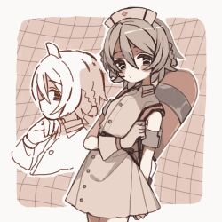  1girl border braid button_dress commentary cowboy_shot dress gloves grid_background hair_between_eyes hat highres looking_at_viewer mochi_(na_si) multiple_views nurse_cap nurse_robot_type_t outside_border short_dress short_hair side_braids sleeveless sleeveless_dress standing tank_(container) utau white_border 