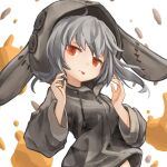  1girl animal_costume grey_hair halloween halloween_costume henzer highres original rabbit_costume red_eyes solo tongue tongue_out upper_body white_background 