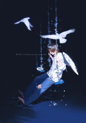  1boy angel angel_wings barefoot bird blue_pants brown_hair dove feathered_wings flower_swing flower_wreath halo highres long_sleeves male_focus original pants rido_(ridograph) ripples shirt short_hair sitting solo swing water white_shirt white_wings wings 