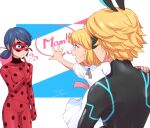  1boy 2girls adrien_agreste animal_ears black_bodysuit black_mask blonde_hair blue_eyes blue_hair bodysuit chat_noir child domino_mask dress ladybug_(character) long_hair marinette_dupain-cheng mask miraculous_ladybug multiple_girls pointing pointing_at_self polka_dot superhero tomm0515 twintails white_dress 