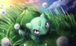 animal_focus bright_pupils bulbasaur claws closed_mouth clouds dandelion dusk fangs flower lens_flare mahoxyshoujo no_humans nostrils on_grass outdoors pokemon pokemon_(creature) red_eyes white_pupils 