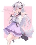  1girl animal_ears black_footwear commission dog_ears dog_girl dog_tail fishnets grey_hair guild_cq heart heart_hands highres holding holding_microphone kurenagi_eri long_hair microphone multicolored_hair nekomogu_(ch0_s2) open_mouth pink_eyes pink_hair purple_skirt skeb_commission skirt smile solo standing standing_on_one_leg streaked_hair tail 