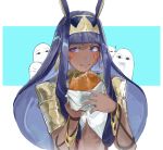  &lt;o&gt;_&lt;o&gt; 1girl ? absurdres animal_ears blue_background blunt_bangs border burger closed_eyes closed_mouth commentary dark-skinned_female dark_skin earrings egyptian_clothes english_commentary facial_mark fate/grand_order fate_(series) food food_on_face gold_bracelet gold_earrings hairband hands_up highres holding holding_food hoop_earrings jackal_ears jewelry light_blush long_hair looking_at_viewer looking_to_the_side medjed_(fate) nitocris_(fate) outside_border purple_hair sidelocks solo_focus swimnemo upper_body usekh_collar violet_eyes white_border yellow_hairband 