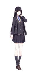  1girl absurdres ankle_socks black_eyes black_hair black_jacket black_skirt black_socks blazer blue_necktie blunt_bangs blunt_ends brown_footwear buttons closed_mouth collared_shirt corpse_party corpse_party_ii_darkness_distortion frown full_body hair_intakes highres hitsugi_maria jacket loafers long_hair long_sleeves necktie official_art school_emblem school_uniform shirt shoes sidelocks simple_background skirt socks solo standing sweater tachi-e transparent_background v-shaped_eyebrows white_shirt 