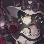  1girl ajing bare_shoulders black_choker black_gloves black_ribbon choker dark_green_hair dark_miku_(project_voltage) earrings gloves hat hat_ribbon hatsune_miku highres holding holding_microphone jewelry looking_at_viewer looking_back luxury_ball microphone obstagoon poke_ball pokemon pokemon_(creature) project_voltage red_eyes ribbon smile tongue tongue_out twintails vocaloid 