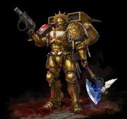  adeptus_astartes armor axe blood blood_angels blood_on_ground crackling_energy energy_axe energy_gun explosive gold_armor grenade gun handgun highres holding holding_axe holding_gun holding_weapon holster jetpack ornate_armor power_armor purity_seal skull skull_ornament thigh_holster warhammer_40k weapon weizheng 