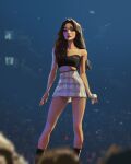  1girl audience black_footwear brown_hair concert english_commentary highres k-pop microphone mina_(twice) on_stage real_life sam_yang shirt skirt sleeveless sleeveless_shirt stage stage_lights twice_(group) white_skirt 