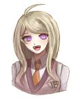  1girl :d ahoge akamatsu_kaede blonde_hair breasts collared_shirt cropped_torso danganronpa_(series) danganronpa_v3:_killing_harmony hair_ornament large_breasts long_hair musical_note musical_note_hair_ornament necktie orange_necktie pink_eyes pink_sweater_vest sake_konbu_onigiri shirt smile solo sweater_vest teeth tongue upper_teeth_only white_shirt 