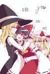  3girls absurdres anger_vein angry ascot black_hair black_headwear black_skirt black_vest blonde_hair bow detached_sleeves fang flandre_scarlet frilled_bow frilled_hair_tubes frills girl_sandwich hair_bow hair_tubes hakurei_reimu hat highres hug jealous kirisame_marisa light_blush love_triangle medium_hair mito_(fate) mob_cap multiple_girls pink_headwear red_bow red_eyes red_skirt sandwiched shirt signature simple_background skirt sleeveless sleeveless_shirt sweatdrop touhou translated vest white_background white_shirt wide_sleeves witch_hat yellow_ascot yuri 