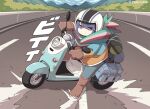  1girl akira akira_slide blue_hair blue_pants brown_footwear brown_gloves clip_studio_paint_(medium) gloves helmet jacket looking_at_viewer motor_vehicle motorcycle multicolored_clothes multicolored_jacket multicolored_scarf outdoors pants riding road scarf scooter shima_rin solo two-tone_jacket vincent_(hiyakuen) violet_eyes yurucamp 