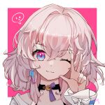  1girl black_choker blue_eyes border chinese_commentary choker closed_mouth dannybing earrings hair_between_eyes hand_up highres honkai:_star_rail honkai_(series) jewelry long_sleeves looking_at_viewer march_7th_(honkai:_star_rail) medium_hair one_eye_closed outside_border pink_background pink_eyes pink_hair portrait shirt single_earring solo straight-on two-tone_eyes w white_border white_shirt 