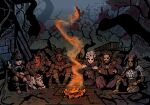  3boys 3girls animal astarion_(baldur&#039;s_gate) baldur&#039;s_gate baldur&#039;s_gate_3 beard black_horns book boots brown_footwear brown_hair campfire chesterwestern colored_skin crossed_arms curled_horns dark-skinned_male dark_skin darkest_dungeon dungeons_and_dragons english_commentary facial_hair fire gale_(baldur&#039;s_gate) green_skin horns karlach_(baldur&#039;s_gate) lae&#039;zel_(baldur&#039;s_gate) multiple_boys multiple_girls open_book outdoors parody pointy_ears reading red_skin shadowheart_(baldur&#039;s_gate) sitting style_parody white_hair wyll_(baldur&#039;s_gate) 
