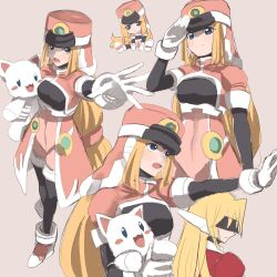  1boy 1girl black_bodysuit blonde_hair bodysuit bodysuit_under_clothes chibi coat cowboy_shot full_body girouette_(mega_man) hat high-waist_shorts holding holding_stuffed_toy long_hair mega_man_(series) mega_man_zx model_z_(mega_man) pink_coat pink_hat pink_shorts prairie_(mega_man) raica_(khongbautroi) salute shako_cap shorts simple_background sketch stuffed_animal stuffed_cat stuffed_toy upper_body 