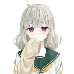  1girl ahoge araga_kiwi bing_shui_zhen_suanmeitang blush closed_mouth double_bun eyebrows_hidden_by_hair flat_chest full-face_blush green_hair green_sweater hair_bun highres light_smile looking_at_viewer mahou_shoujo_ni_akogarete medium_hair school_uniform simple_background solo sweater upper_body violet_eyes white_background 