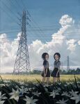  05tai_mono 2girls absurdres arms_behind_back black_hair black_sailor_collar black_skirt clouds cloudy_sky daffodil day flower highres multiple_girls original outdoors own_hands_together pleated_skirt red_eyes sailor_collar scenery school_uniform serafuku short_hair skirt sky standing transmission_tower wire 